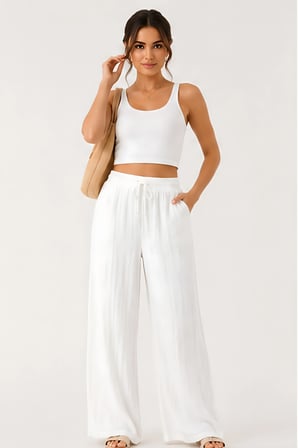 Lili Woman Kadın Beli Bağcıklı Keten Bol Paça Pantolon E.3040