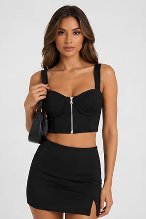 Lili Woman Kadın Siyah Fermuar Detaylı Crop Büstiyer Bluz 24Y20011