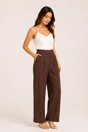 Lili Woman Kadın Gold Tokalı Yüksek Bel Çift Pileli Wide Leg Pantolon 51308