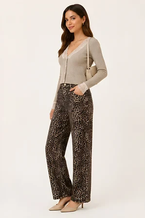 Lili Woman Kadın Yüksek Bel Leopar Desenli Wide Leg Pantolon TY.LPR01