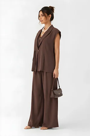 Lili Woman Kadın Kahverengi Koka Oversize Yelek & Palazzo Pantolon Takım E.8160K