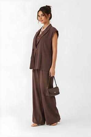 Lili Woman Kadın Kahverengi Koka Oversize Yelek & Palazzo Pantolon Takım E.8160K