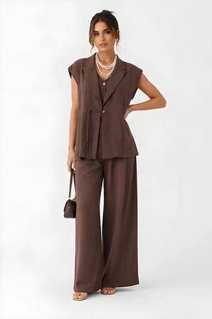 Lili Woman Kadın Kahverengi Koka Oversize Yelek & Palazzo Pantolon Takım E.8160K