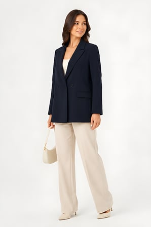 Lili Woman Kadın Kruvaze Lacivert Blazer Ceket – Çift Düğmeli, Cep Kapaklı P.3982L