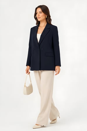 Lili Woman Kadın Kruvaze Lacivert Blazer Ceket – Çift Düğmeli, Cep Kapaklı P.3982L