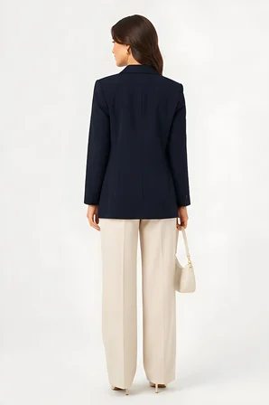 Lili Woman Kadın Kruvaze Lacivert Blazer Ceket – Çift Düğmeli, Cep Kapaklı P.3982L