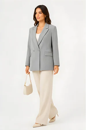 Lili Woman Kadın Kruvaze Açık Gri Blazer Ceket – Çift Düğmeli, Cep Kapaklı P.3982G
