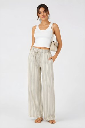 Lili Woman Kadın Yüksek Bel Çizgili Keten Karışımlı Relax Fit Pantolon E.KP01