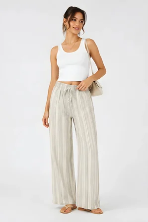 Lili Woman Kadın Yüksek Bel Çizgili Keten Karışımlı Relax Fit Pantolon E.KP01