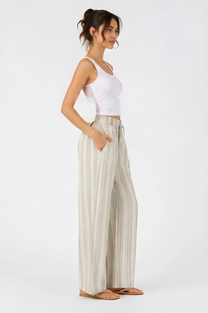 Lili Woman Kadın Yüksek Bel Çizgili Keten Karışımlı Relax Fit Pantolon E.KP01