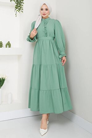 Önü Fırfırlı Kolu Bağlamalı Elbise Mint HM2078