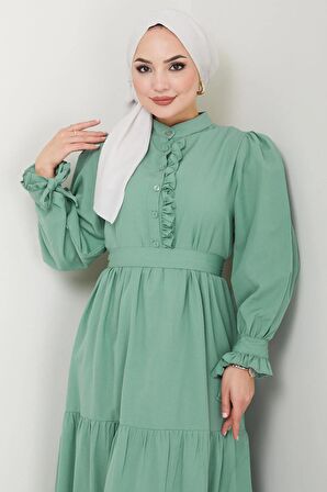 Önü Fırfırlı Kolu Bağlamalı Elbise Mint HM2078
