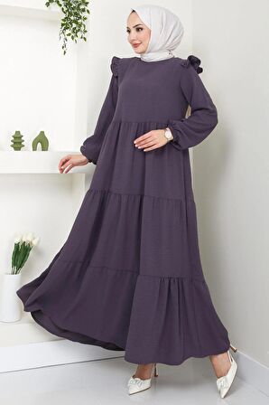 Omuzu Fırfırlı Ayrobin Tesettür Elbise Füme HM2062