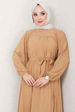 Robalı Kuşaklı Elbise Camel HM2451