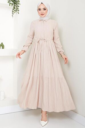 Beli Büzgülü Lara Elbise Bej HM2452