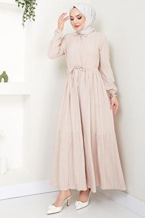 Beli Büzgülü Lara Elbise Bej HM2452