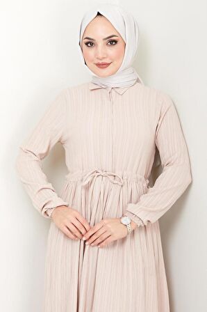 Beli Büzgülü Lara Elbise Bej HM2452