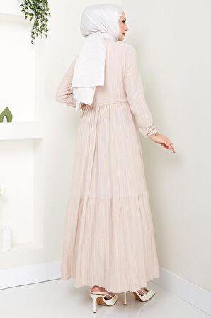 Beli Büzgülü Lara Elbise Bej HM2452