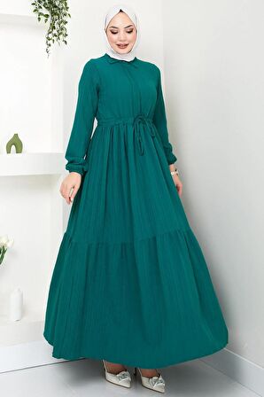 Beli Büzgülü Lara Elbise Zümrüt HM2452