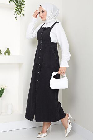 Düğmeli Kot Salopet Elbise Siyah HM22456