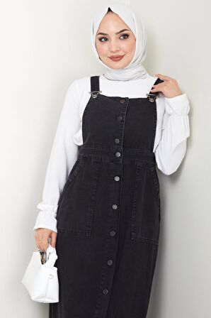 Düğmeli Kot Salopet Elbise Siyah HM22456