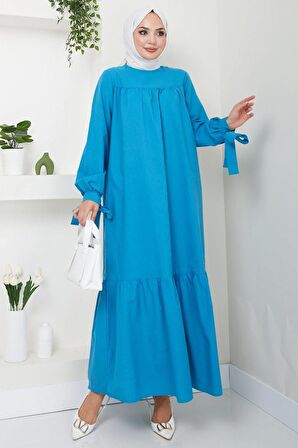 Robalı Kol Ucu Bağlamalı Elbise Petrol HM2081