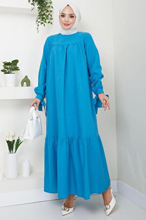 Robalı Kol Ucu Bağlamalı Elbise Petrol HM2081