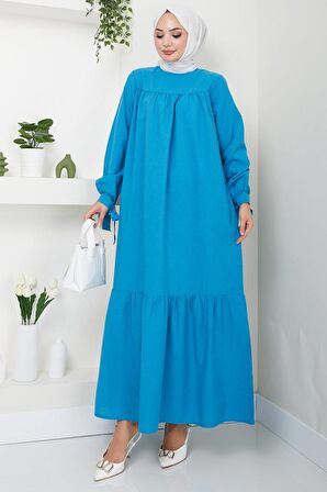 Robalı Kol Ucu Bağlamalı Elbise Petrol HM2081