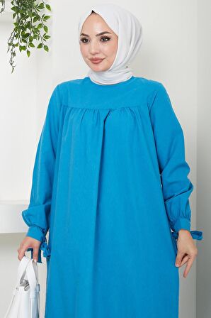 Robalı Kol Ucu Bağlamalı Elbise Petrol HM2081