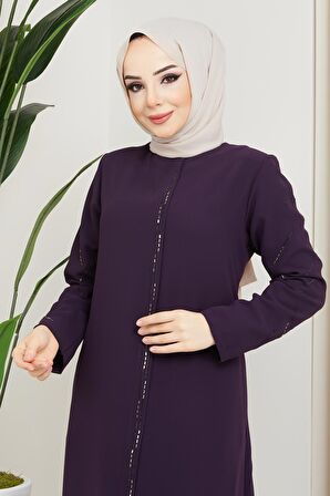 Taş Detaylı Büyük Beden Mürdüm Ferace