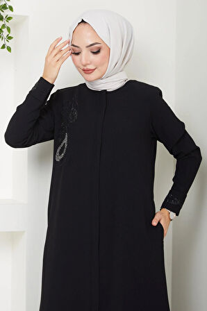 Hüma Taş Detaylı Ferace Siyah HM2479