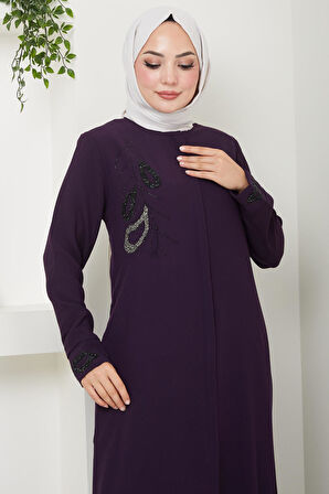 Hüma Taş Detaylı Ferace Mürdüm HM2479