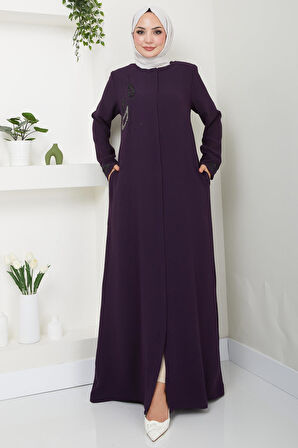 Hüma Taş Detaylı Ferace Mürdüm HM2479