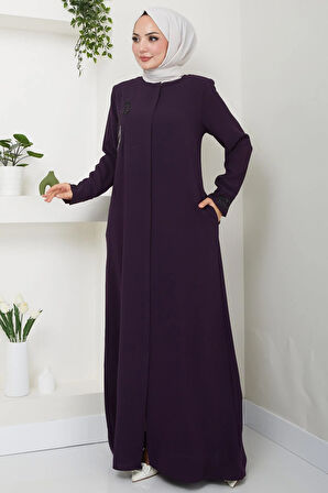 Hüma Taş Detaylı Ferace Mürdüm HM2479