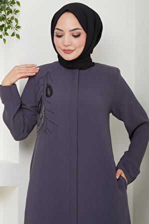 Hüma Taş Detaylı Ferace Füme HM2479