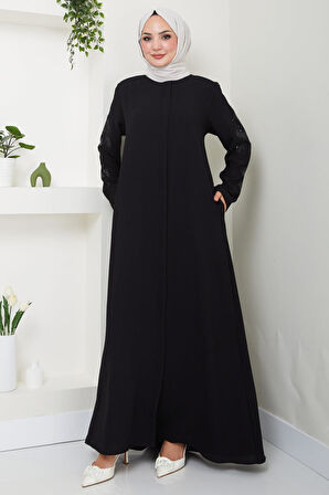 Nihan Kolları Taşlı Ferace Siyah HM2485