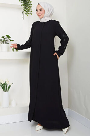 Nihan Kolları Taşlı Ferace Siyah HM2485