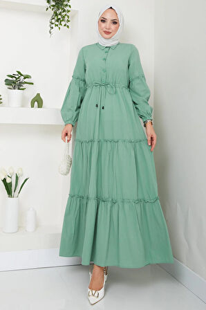 Önü Düğme Detaylı Büzgülü Elbise Mint HM2493