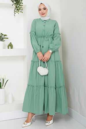 Önü Düğme Detaylı Büzgülü Elbise Mint HM2493