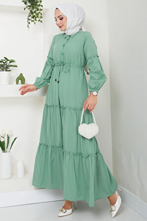 Önü Düğme Detaylı Büzgülü Elbise Mint HM2493