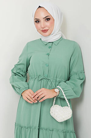 Önü Düğme Detaylı Büzgülü Elbise Mint HM2493