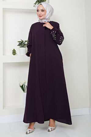 Kolu Taşlı ve İncili Ferace Mürdüm HM2494