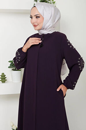 Kolu Taşlı ve İncili Ferace Mürdüm HM2494