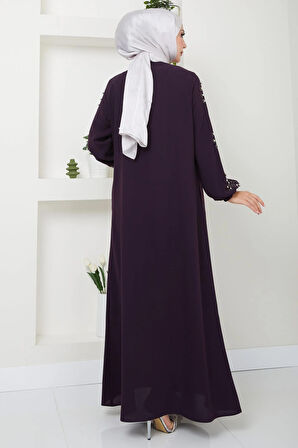 Kolu Taşlı ve İncili Ferace Mürdüm HM2494