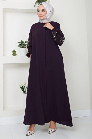 Kolu Taşlı ve İncili Ferace Mürdüm HM2494
