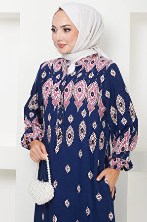 Sare Düğmeli Viskon Elbise Lacivert HM2502