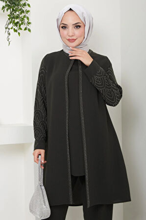 Kolları Taşlı Büyük Beden Takım İkili Anne Takımı Haki HM2504