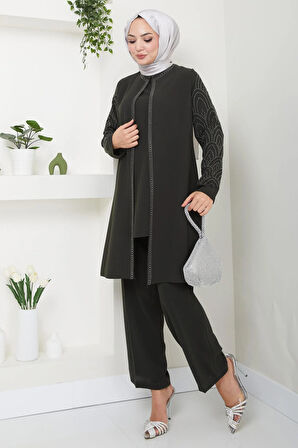 Kolları Taşlı Büyük Beden Takım İkili Anne Takımı Haki HM2504