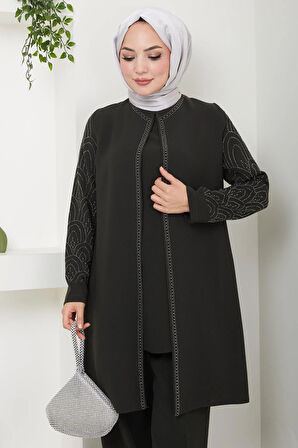 Kolları Taşlı Büyük Beden Takım İkili Anne Takımı Haki HM2504