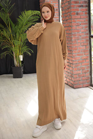 Bisiklet Yaka Balon Kol Triko Elbise Camel HM2518